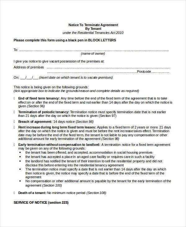agreement termination notice letter