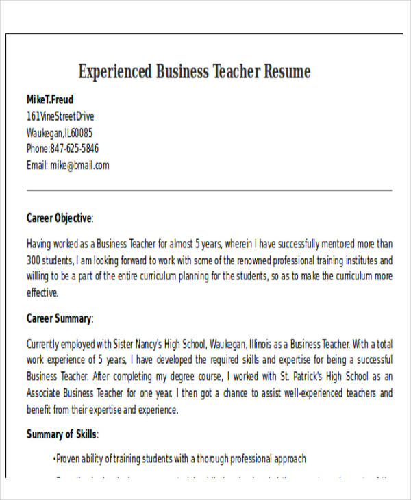 experienced business teacher resume