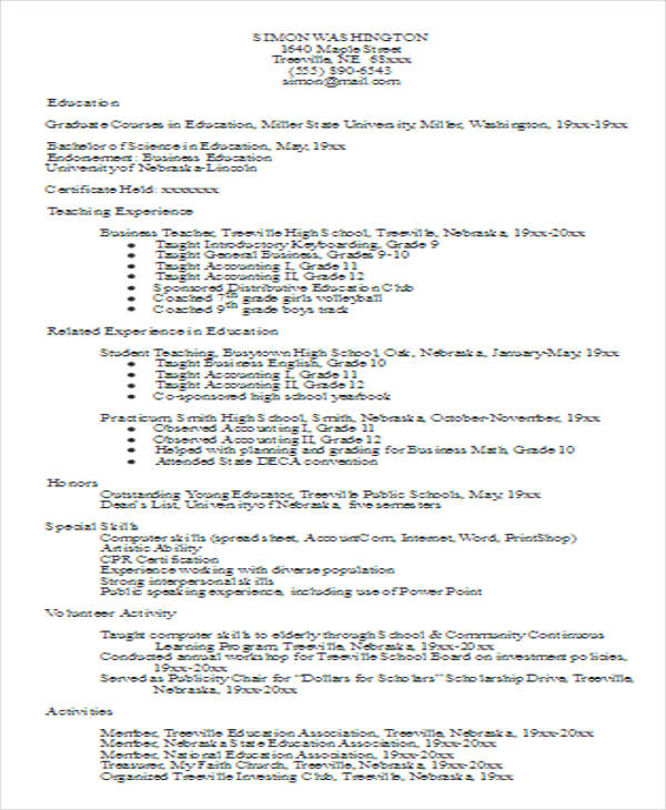 resume template teacher free