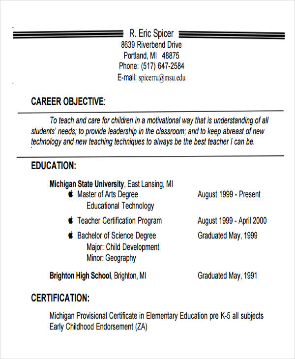 resume for a teacher objectives