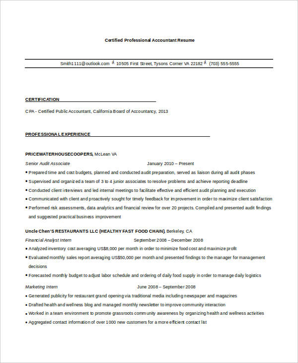 certified professional accountant resume