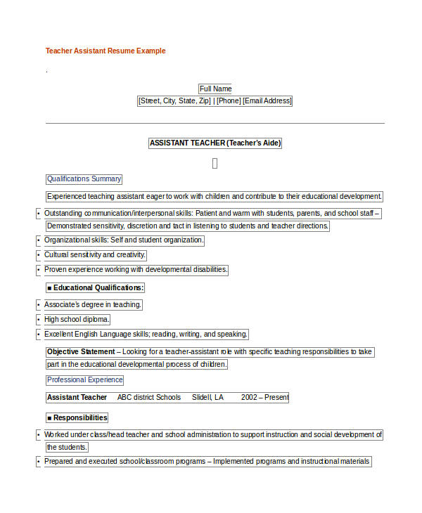 resume objective examples teacher's aide