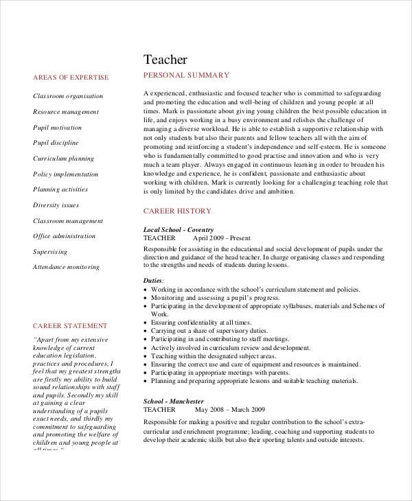 Teacher Resume Examples 23 Free Word Pdf Documents Download