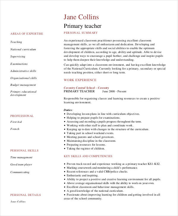 primary teacher resume pdf