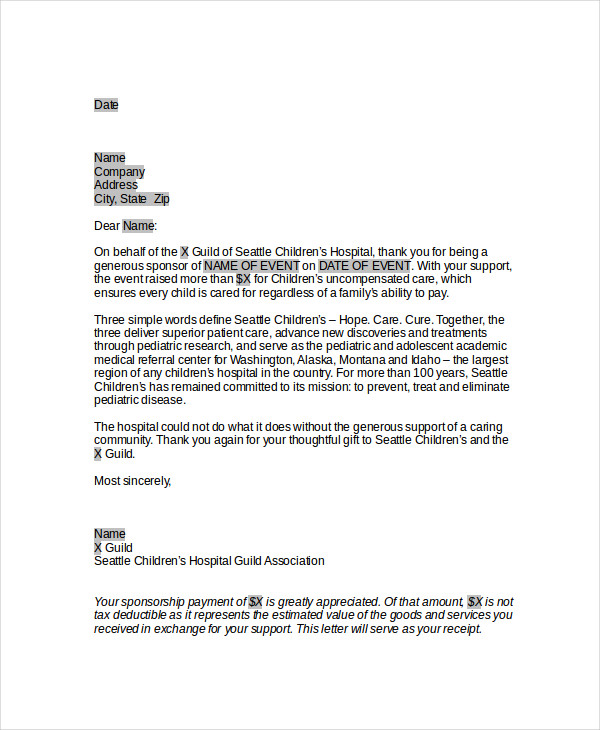corporate sponsorship thank you letter template