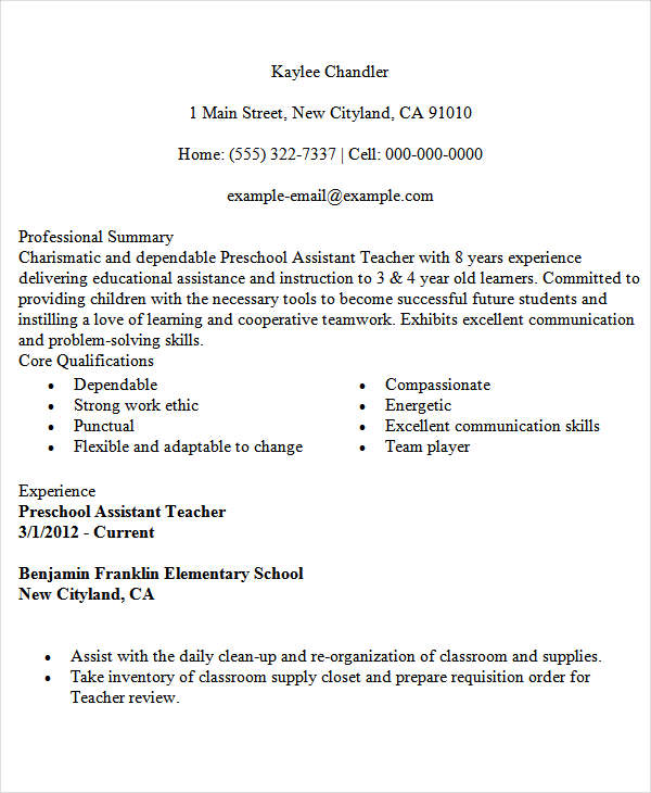 sample resume for preschool teacher assistant