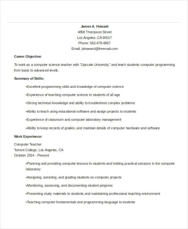 resume for computer teacher template