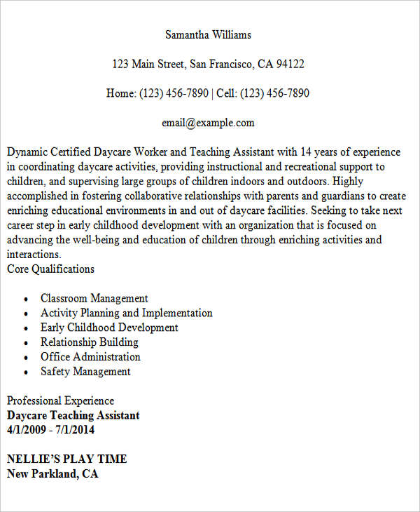 daycare teacher assistant resume
