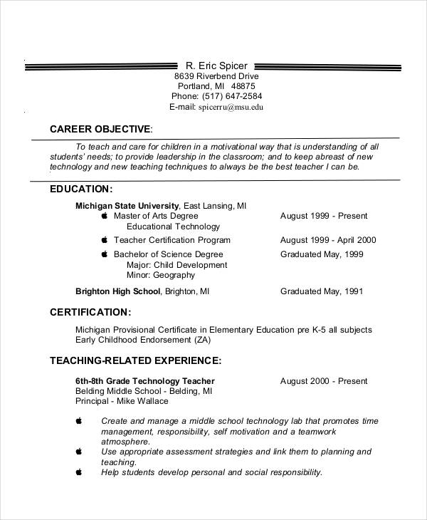 resume model for teacher job