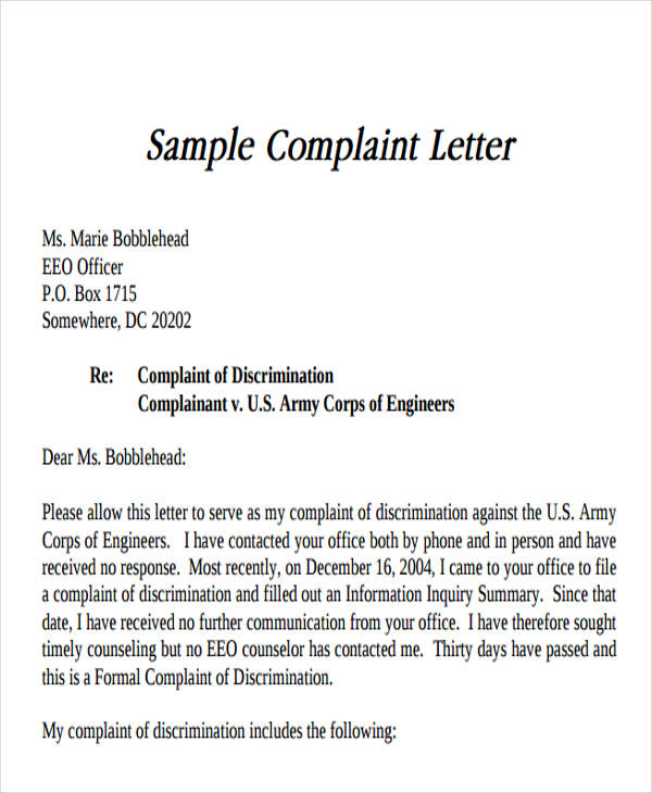 application letter format complaint