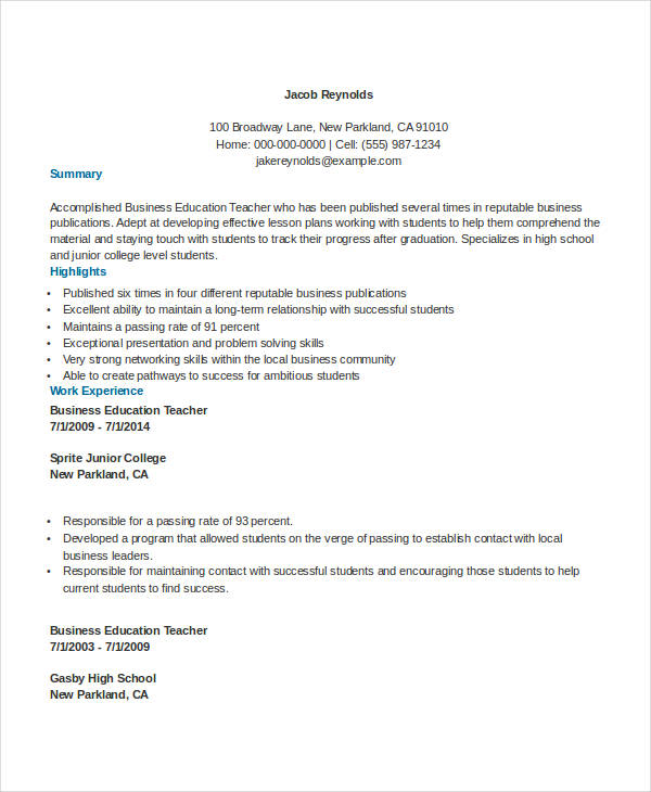 resume format for prt teacher