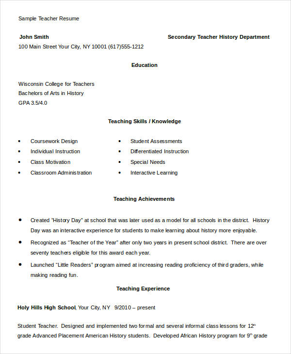 teacher resume format doc