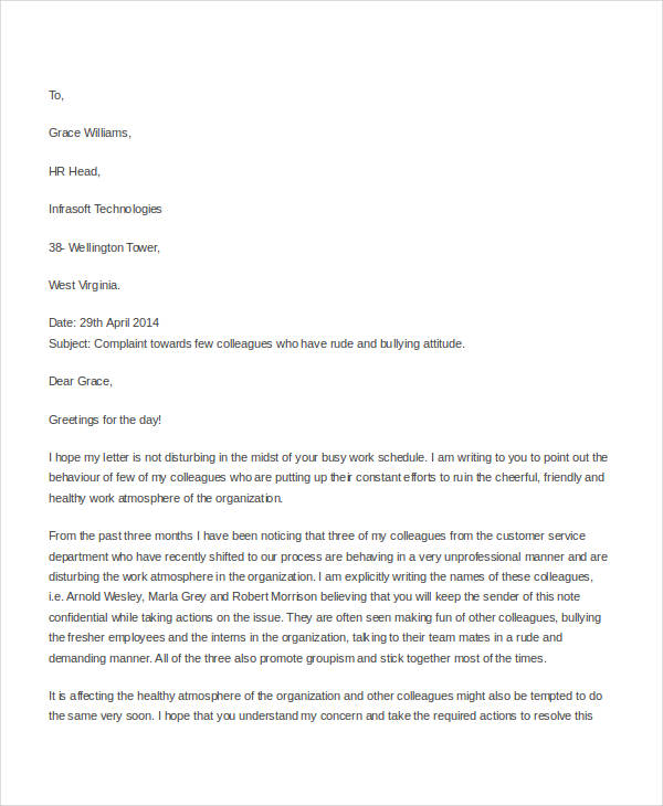 formal complaint letter to hr