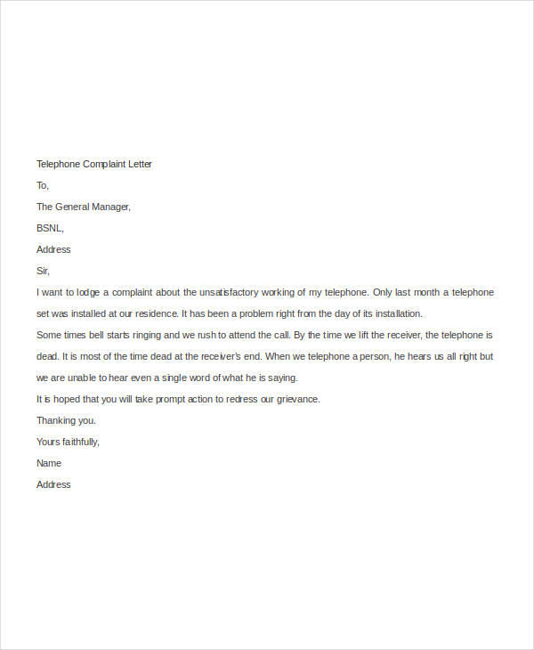 telephone complaint letter format