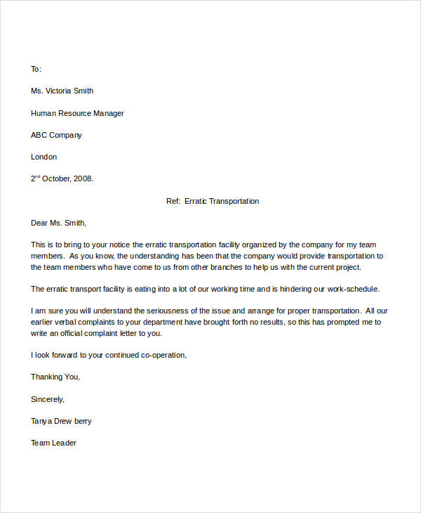 free employee complaint letter template