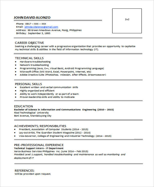 sample resume for fresh graduate without work experience