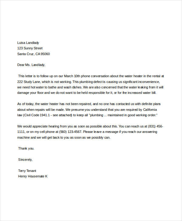 repair complaint letter to landlord template
