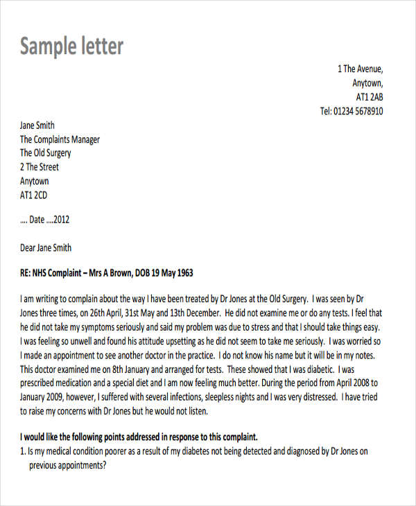 Sample Letter Of Complaint About Food