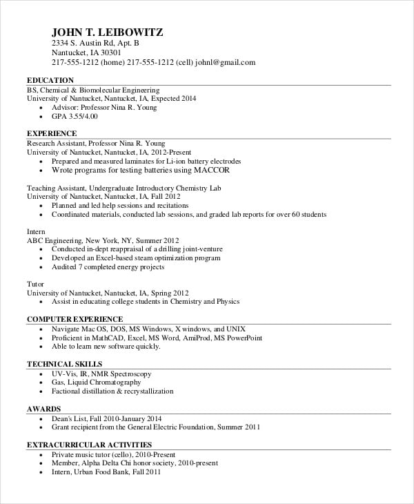 chemical engineering resume format download