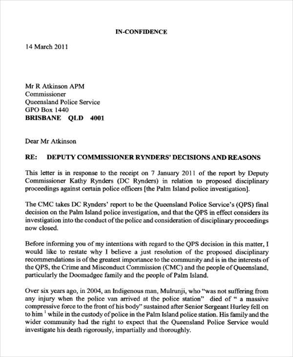 police commissioner complaint letter