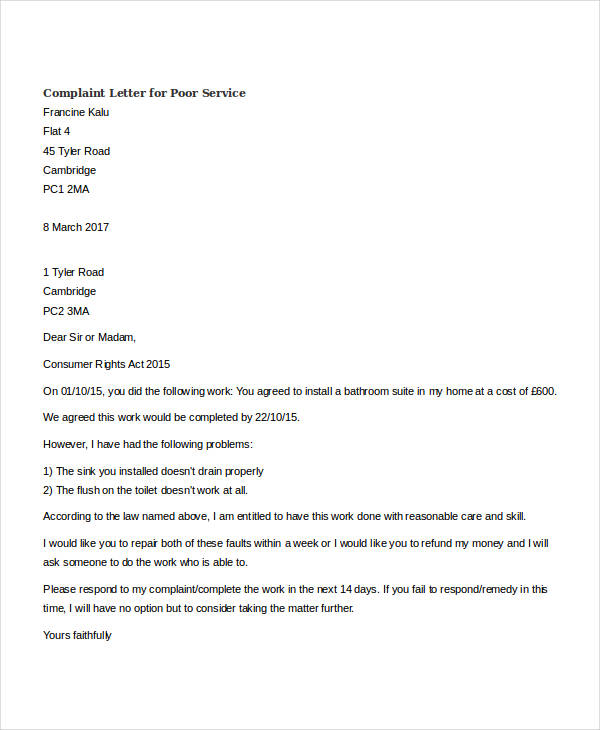 sample complaint letter for poor service