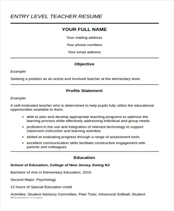 entry level teacher resume sample