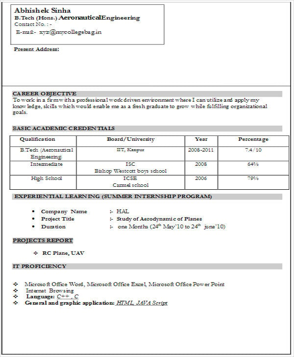 engineering fresher resume sample download