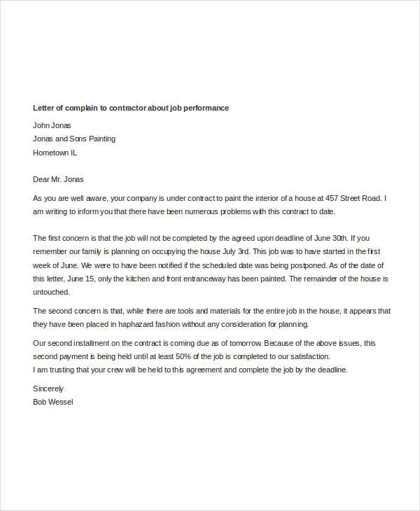 sample complaint letter to contractor about job