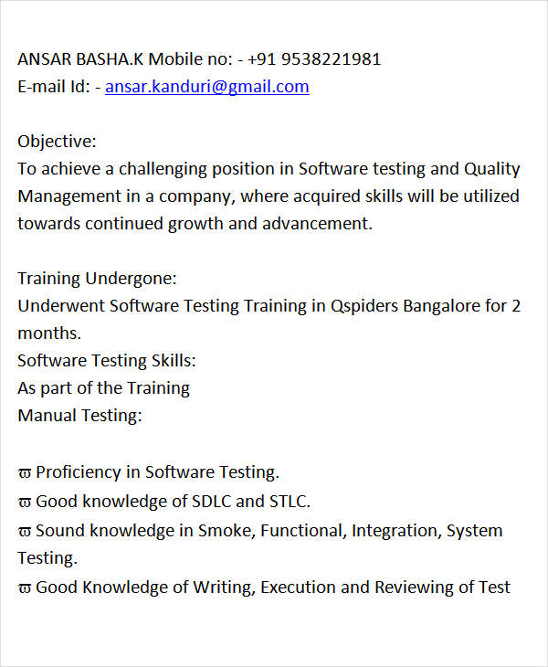 resume format for manual testing fresher