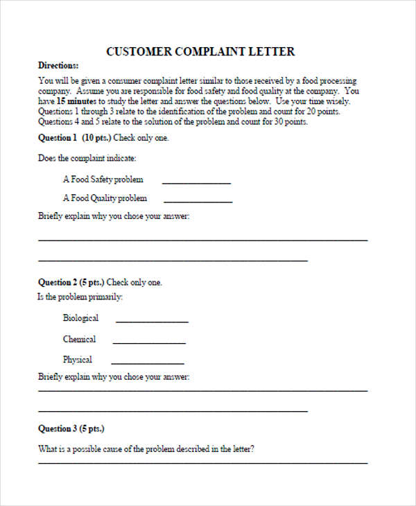 sample customer complaint letter