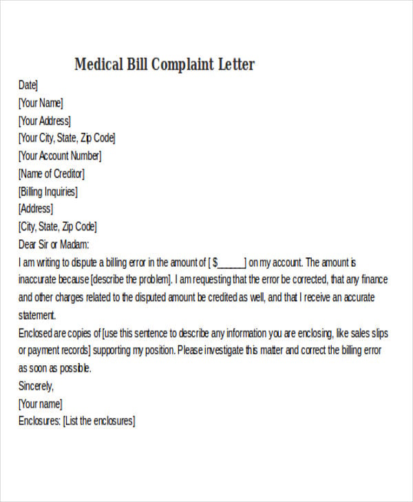 medical bill complaint letter template