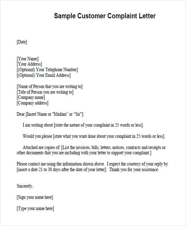 customer complaint letter format