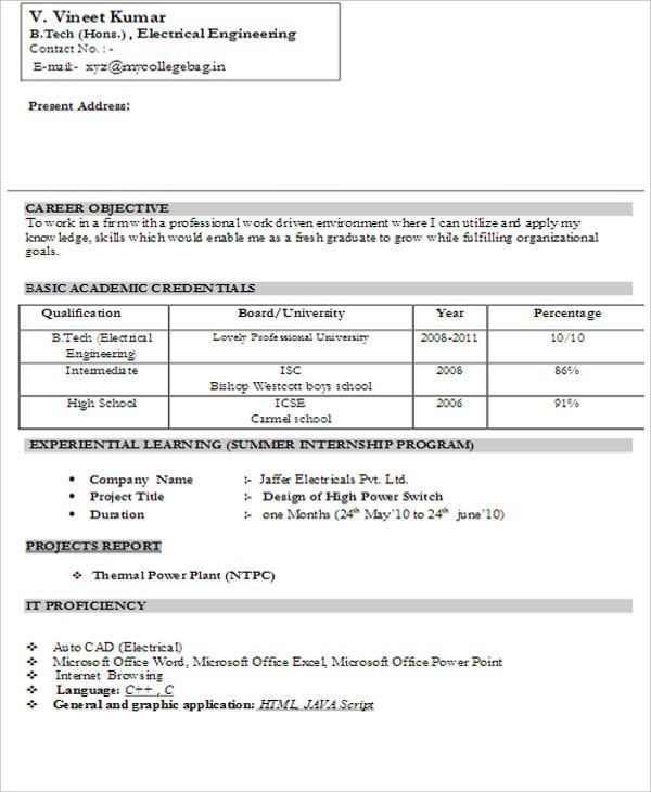 free download electrical engineer fresher resume