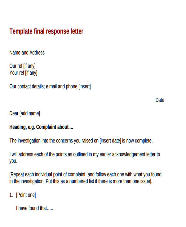 complaint response letter sample