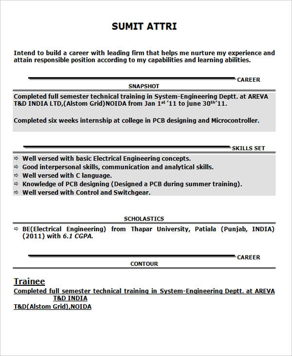 resume format for fresher electrical engineer free download