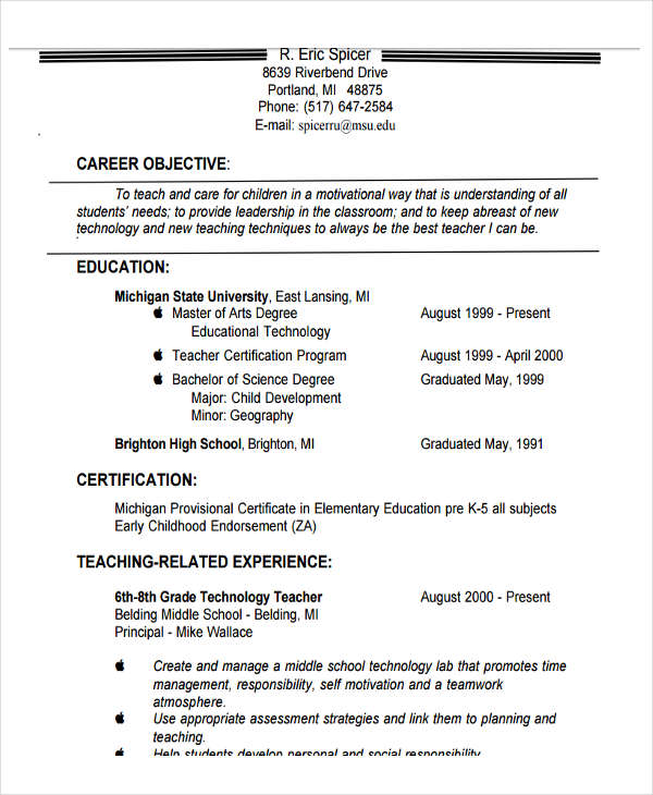 resume objective for fresh graduate teacher