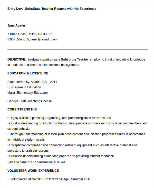 entry level substitute teacher resume with no experience