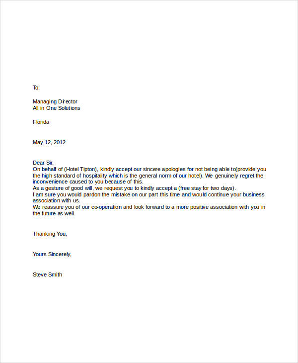 hotel manager apology letter