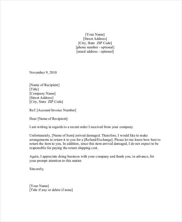 Damage claim letter example