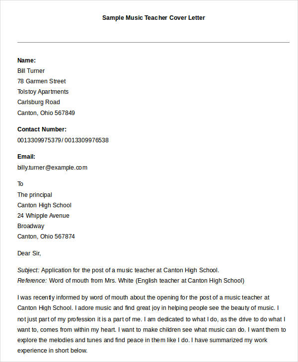 music teacher cover letter for resume