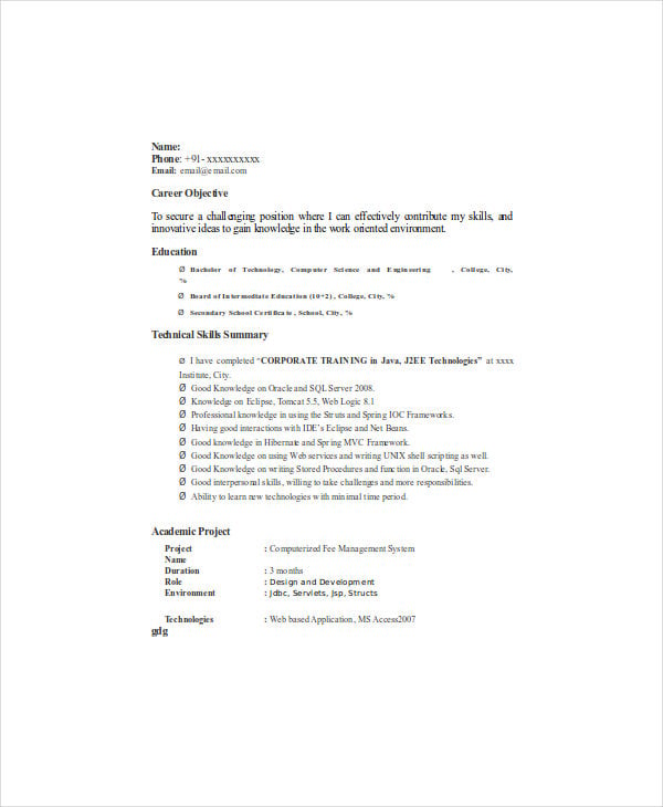 free java fresher resume