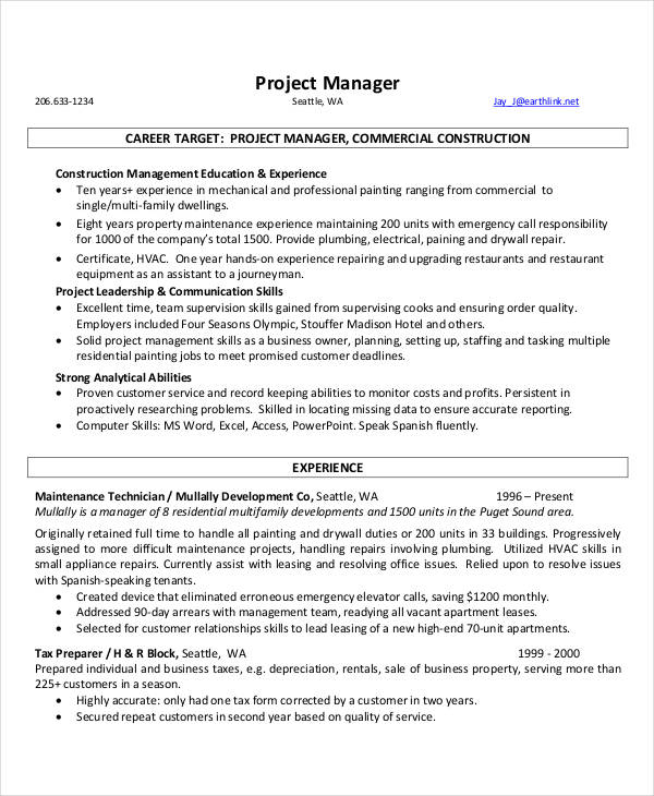 download project manager resume template