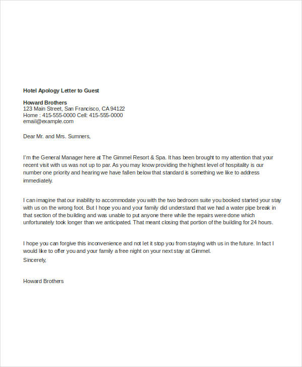 apology letter in hotel