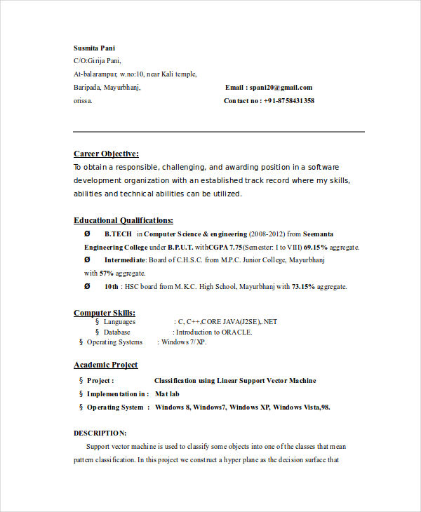 Resume Format For Freshers B Tech Resume For Freshers