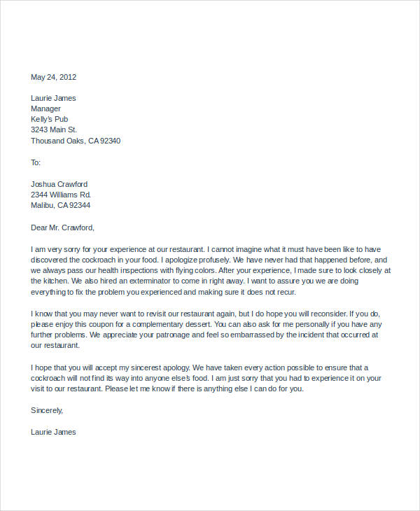 restaurant manager apology letter