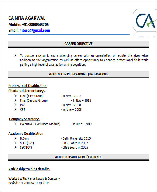 resume format for chartered accountant fresher