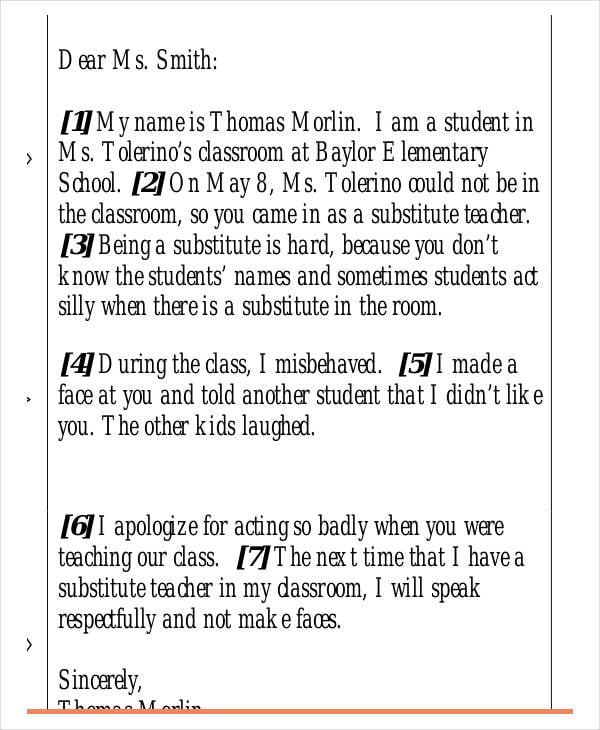 apology letter to substitute teacher
