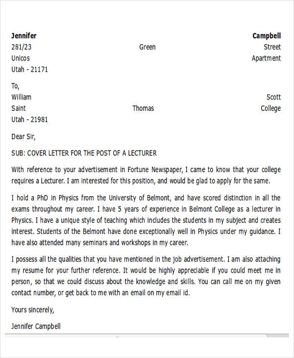 fresher lecturer resume cover letter