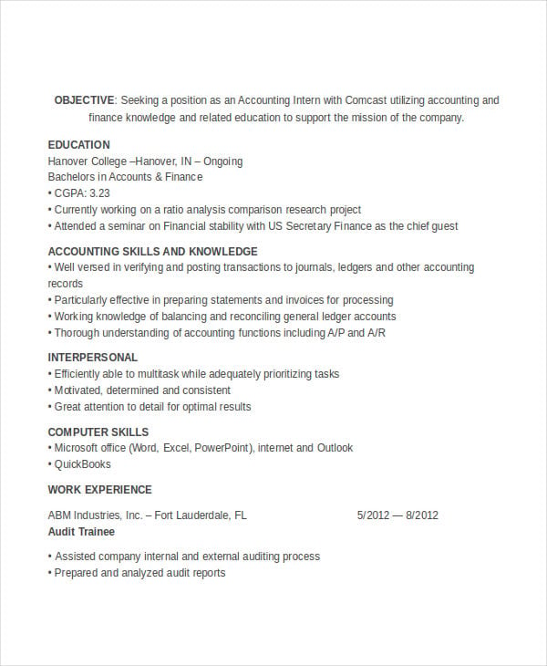 accounting student internship resume