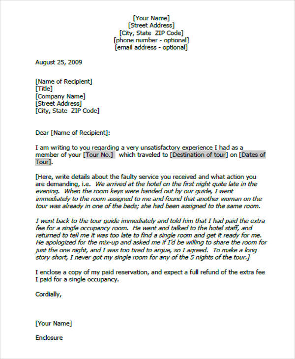 travel company complaint letter